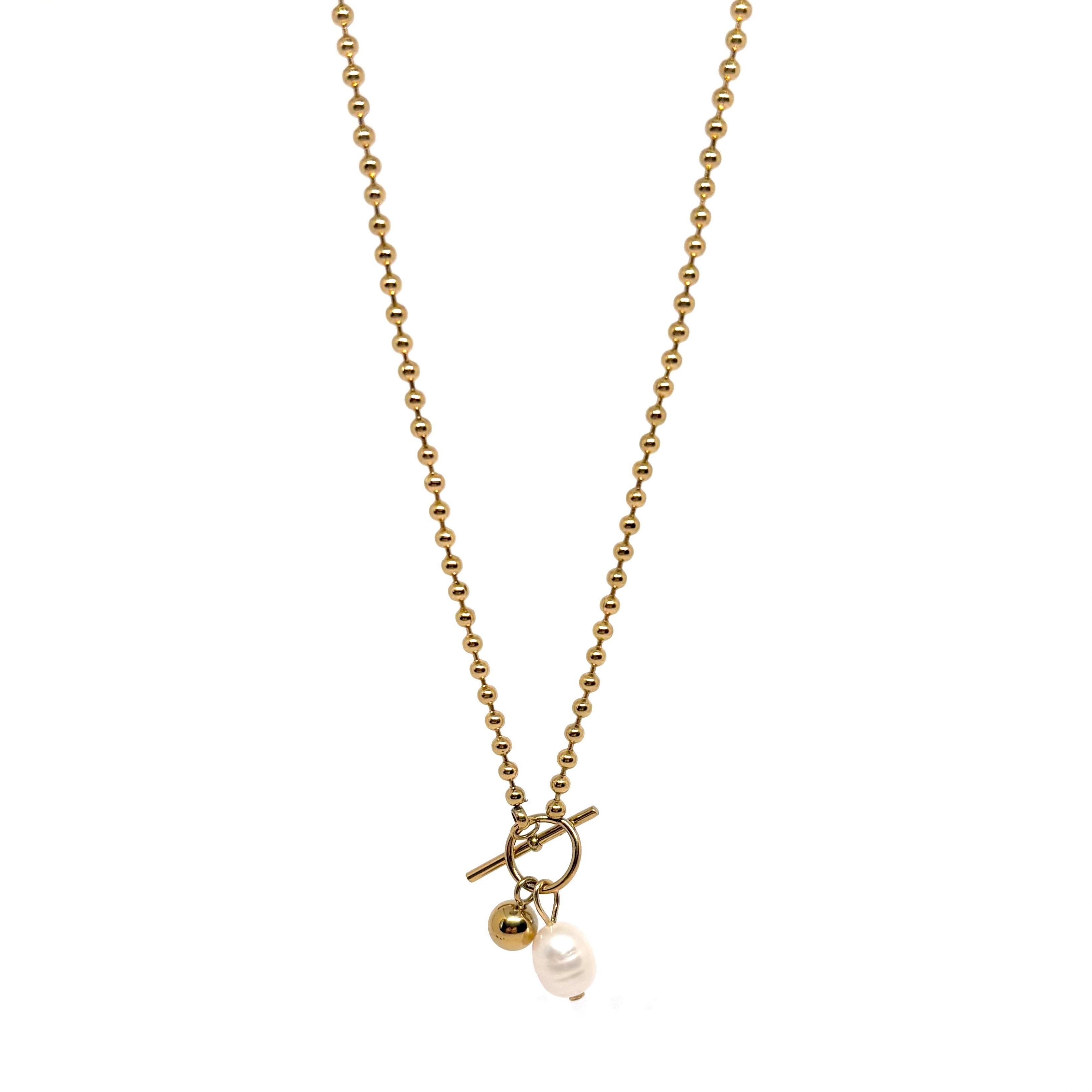 collier femme en acier inoxydable doré 14K avec fermoir toggle apparent, orné d’une perle blanche irrégulière et d’une perle dorée brillante, longueur 45 cm, bijou minimaliste et raffiné au style moderne